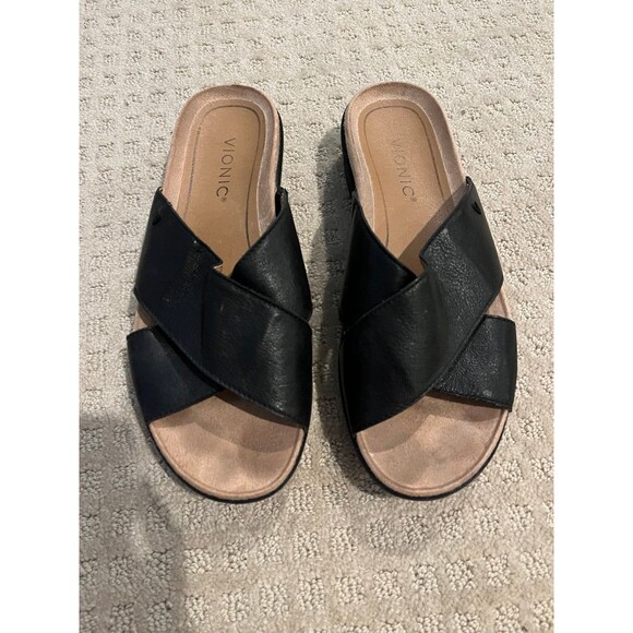 Vionic Hayden Black Leather Wedge Slide Sandals size 7.5 - Picture 3 of 10